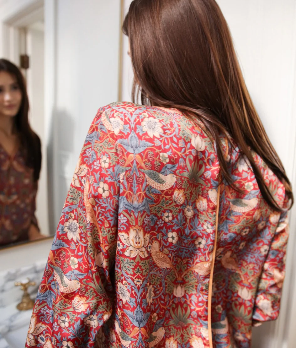 The Silky Luxe Pajama Set - Strawberry Thief in Crimson & Slate - Image 4