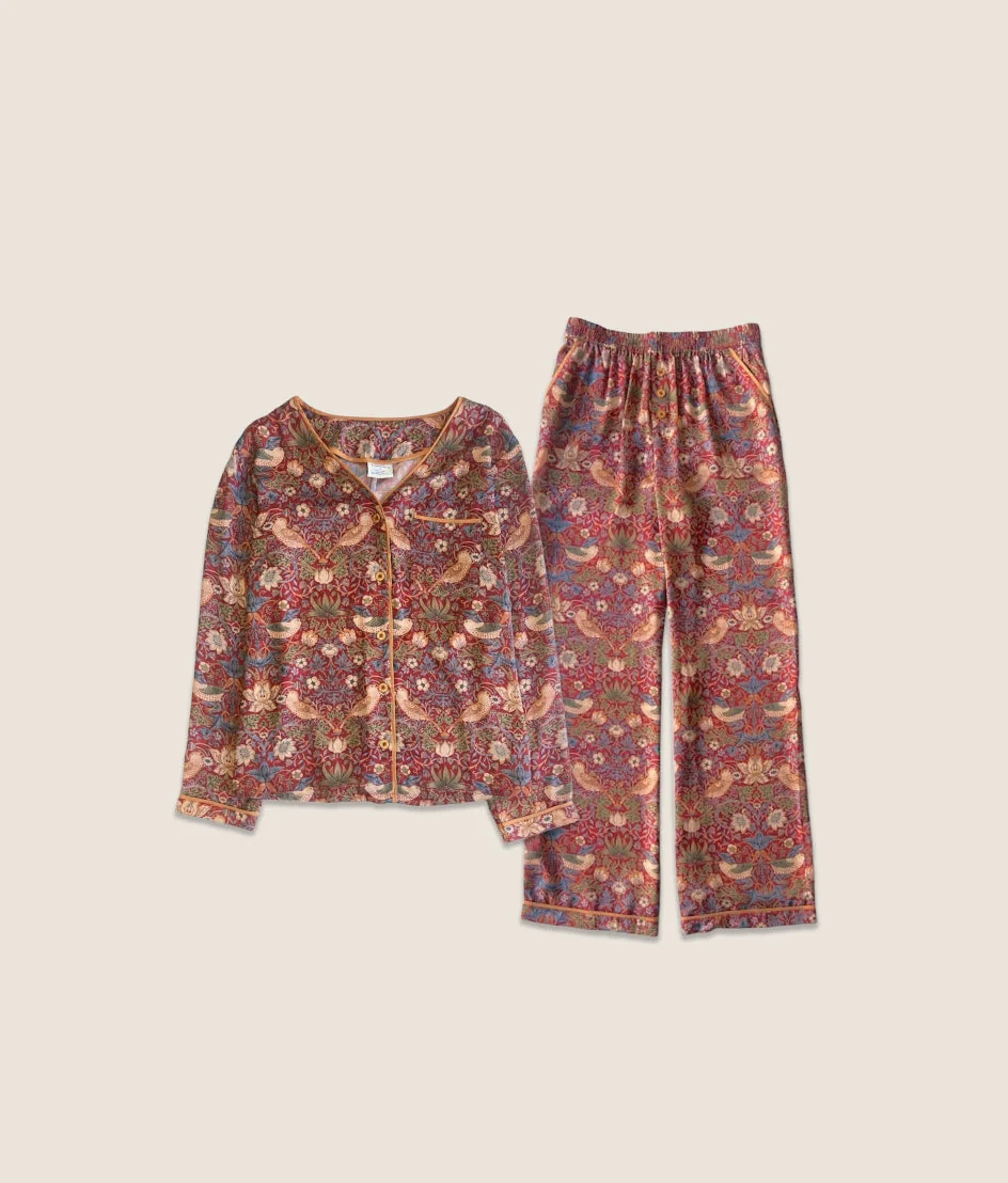 The Silky Luxe Pajama Set - Strawberry Thief in Crimson & Slate - Image 5