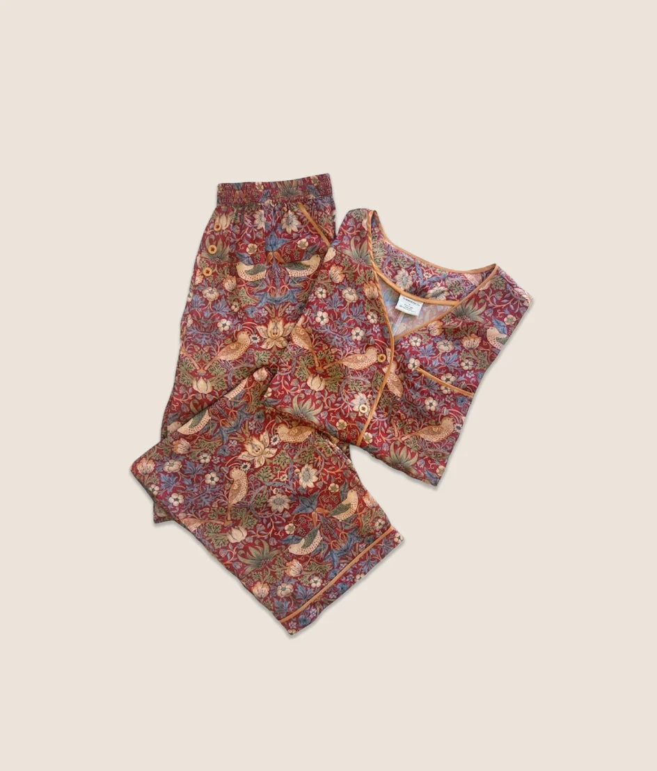 The Silky Luxe Pajama Set - Strawberry Thief in Crimson & Slate - Image 6